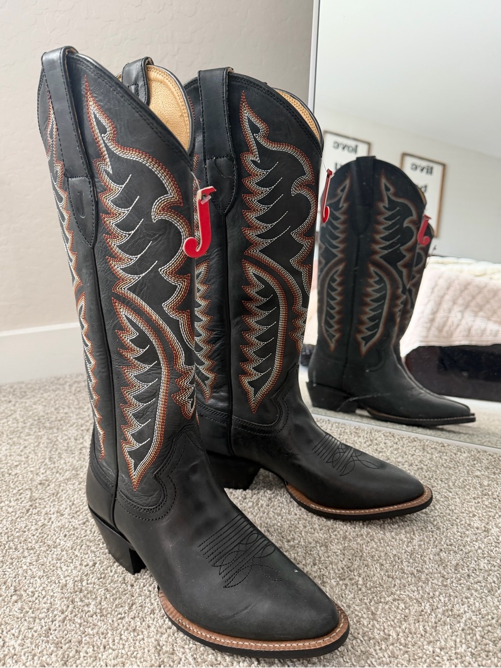 Justin Boots Black Western Cowboy Boots with Rust, Cream & White Stitching